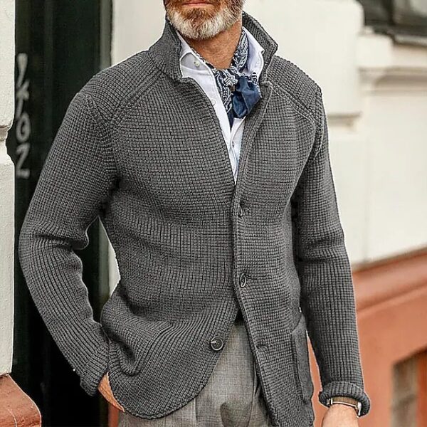 Fashion Men's Casual Long-sleeved Knitted Cardigan Stand Collar Sweater - Image 5